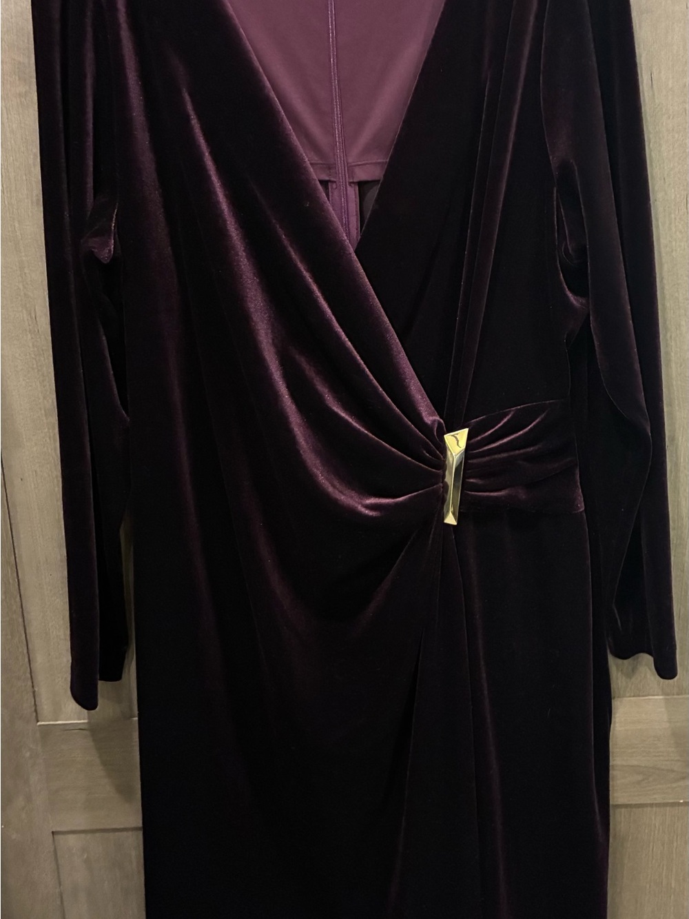 Calvin Klein Deep Plum Velvet Wrap Dress with Gold Accent